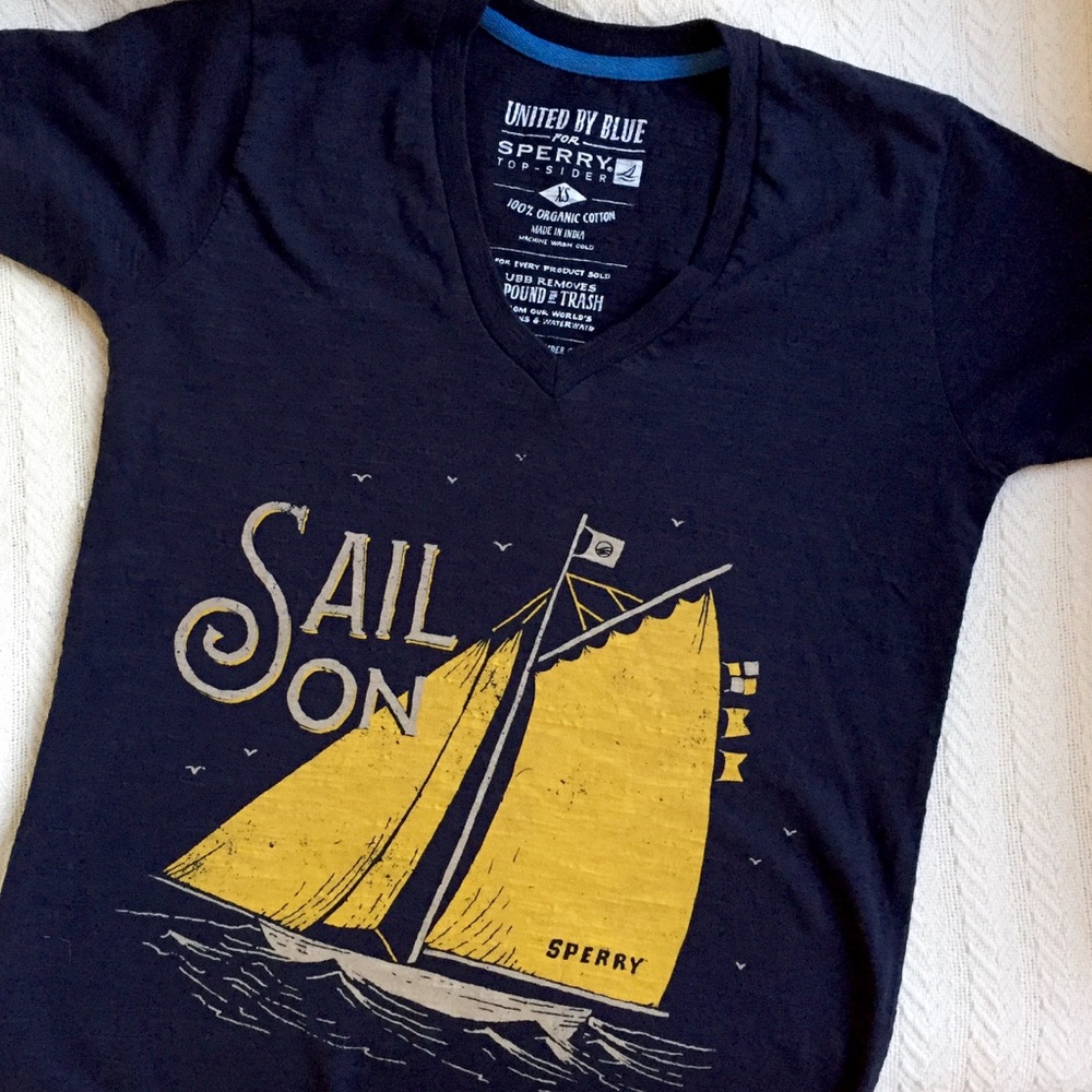 Sperry “Sail On” V-Neck Graphic Tee in Navy
